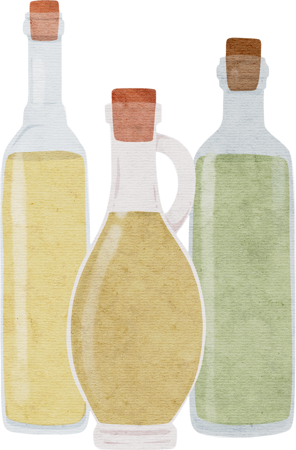 Olive oil bottles and olive oil jar hand drawn watercolor